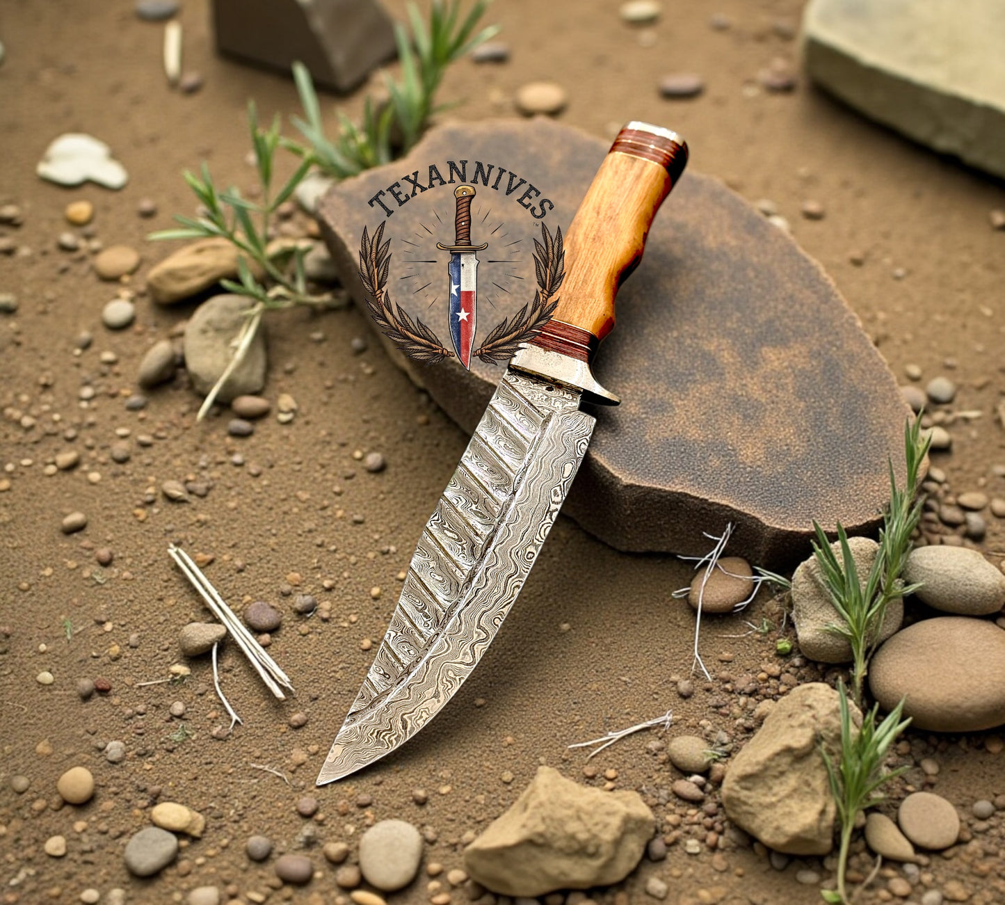 Classic Bowie Knife – 13" Damascus Steel Blade with Olive Wood Handle, Steel Guard & Leather Sheath