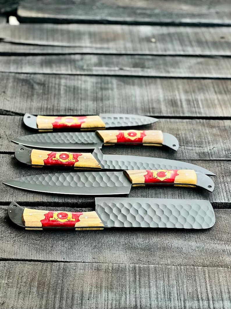 Stainless Steel Knife Set – 13" Forged Blades with Olivewood & Epoxy Resin Handles + Leather Sheath