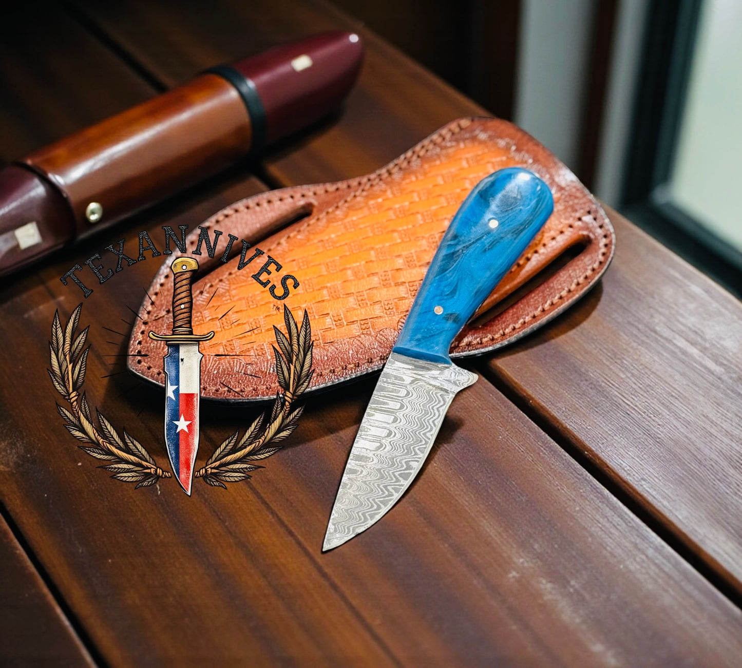 Western Cowboy Knife with Pancake Sheath – Blue & Black Pearl Resin Handle