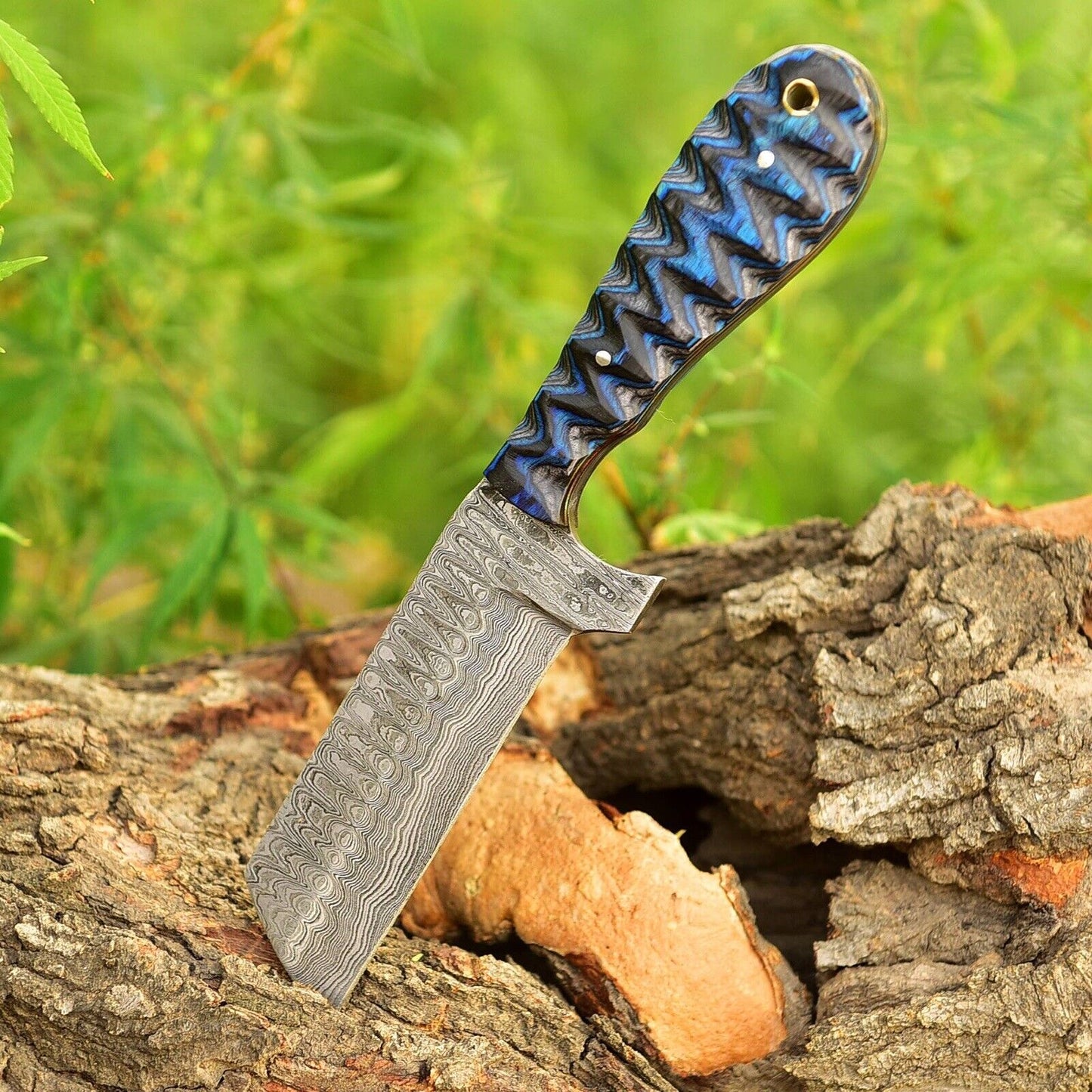4-inch Damascus steel cowboy bull cutter knife with leather sheath