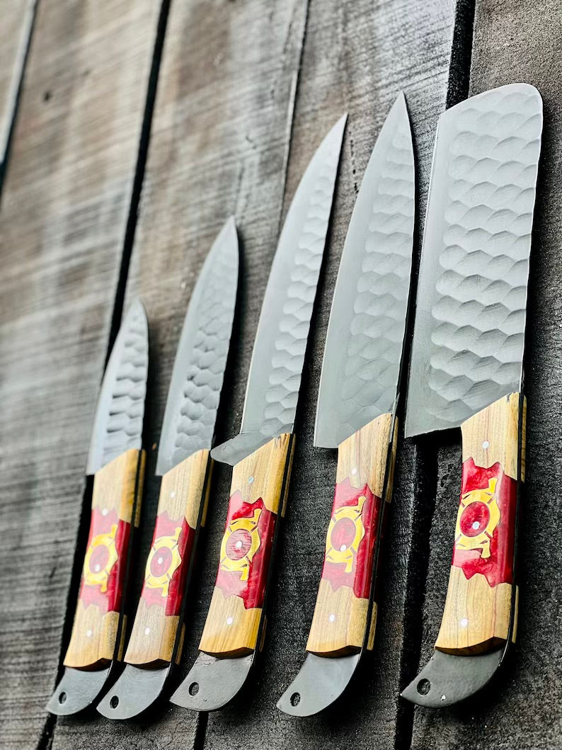 Stainless Steel Knife Set – 13" Forged Blades with Olivewood & Epoxy Resin Handles + Leather Sheath