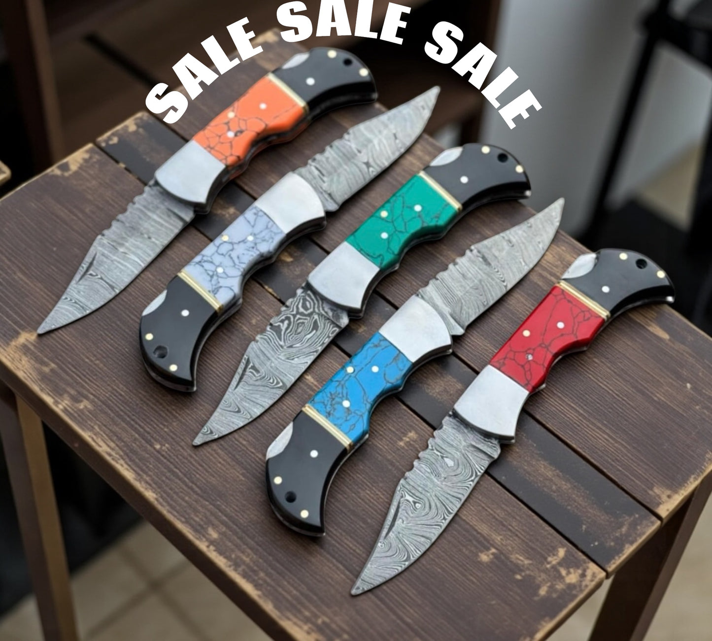 5-Piece Folding Knives Set – 6" Custom Handmade Damascus Steel Blades with Turquoise Epoxy Resin Handles & Leather Sheaths