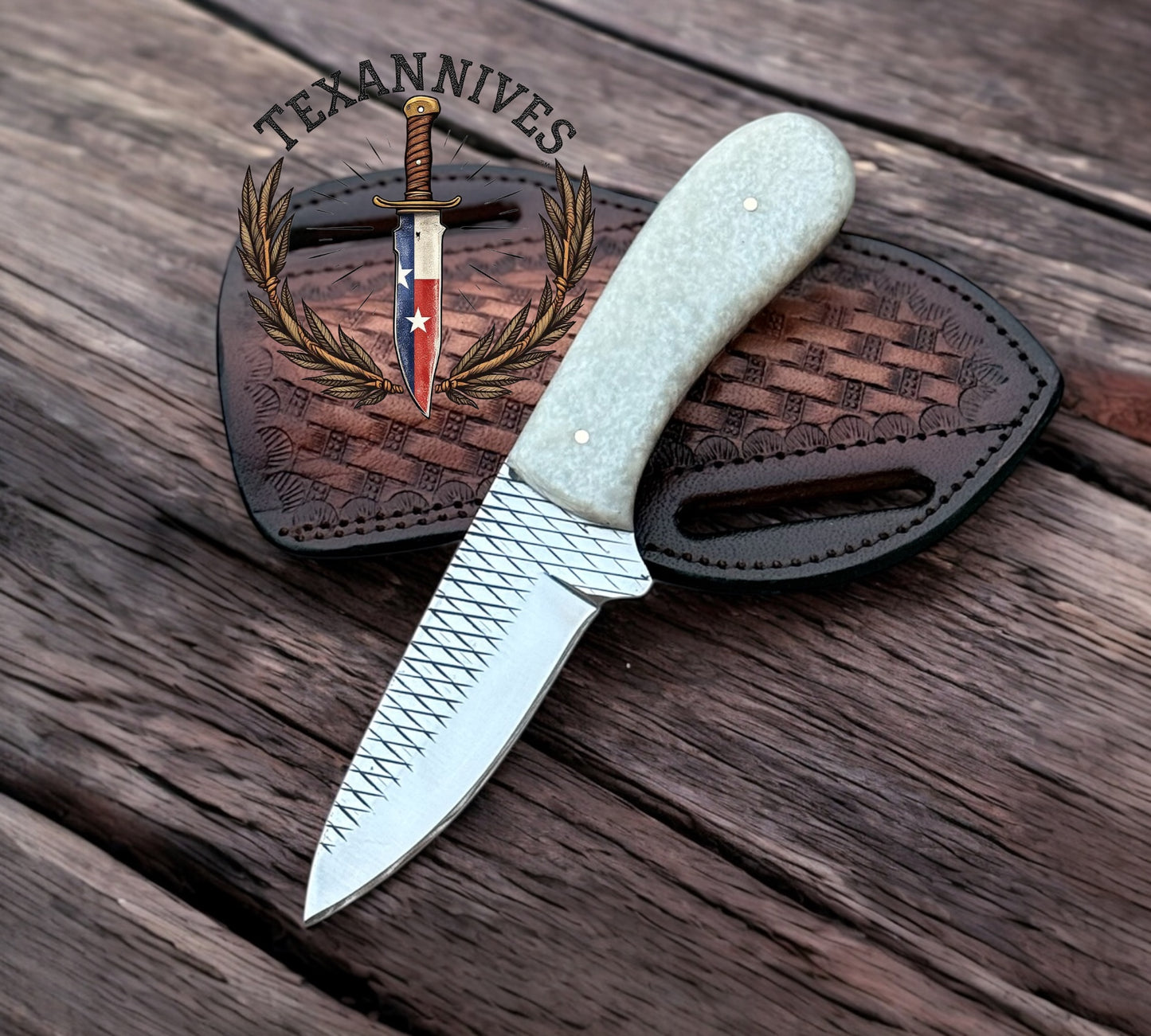 Handcrafted Cowboy Knife with Belt Sheath – 8" Rasp Steel & Pearl Resin Handle