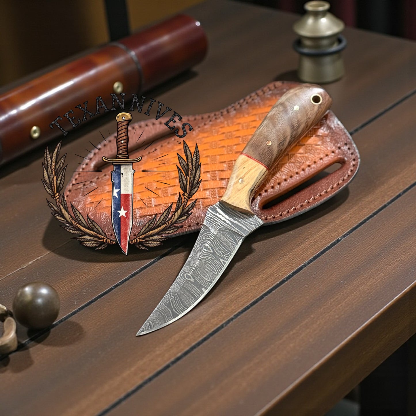 Men’s Damascus Steel Knife 7" – Rosewood & Olive Wood Handle with Leather Sheath