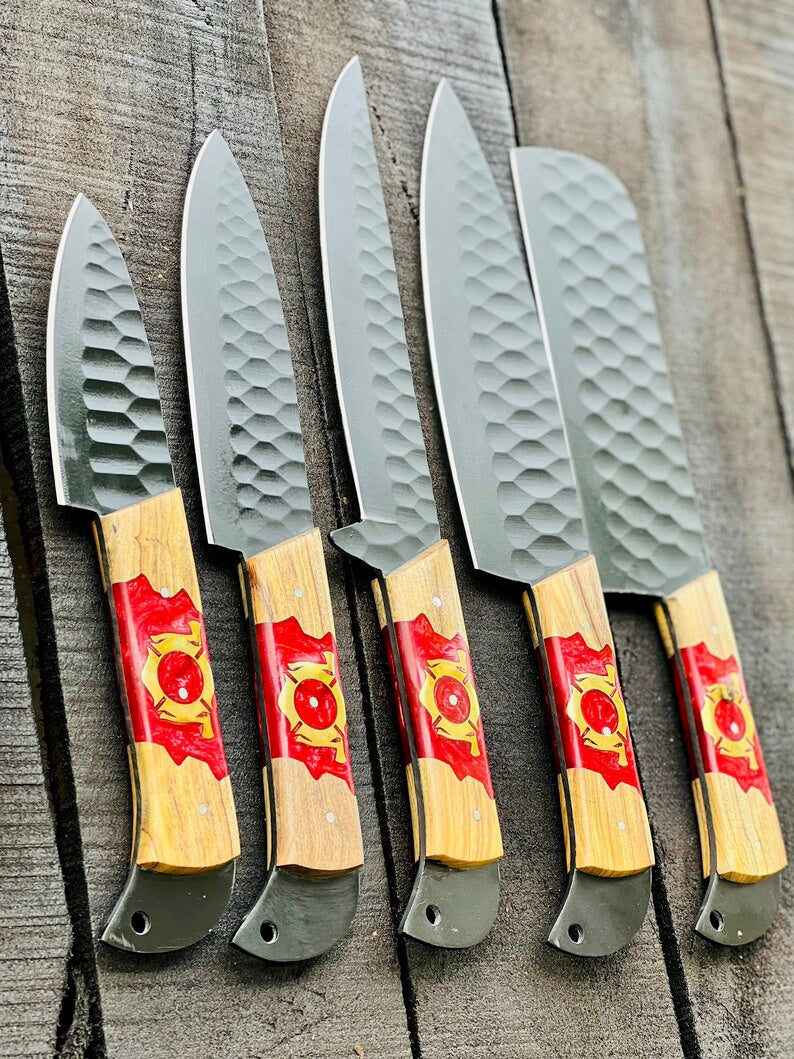 Stainless Steel Knife Set – 13" Forged Blades with Olivewood & Epoxy Resin Handles + Leather Sheath