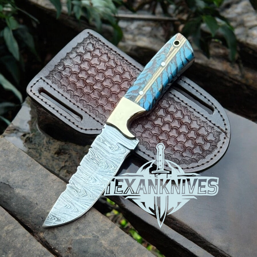 Western Knife and Sheath – 9" Damascus Blade with Sky Pine Cone Resin Handle and Brass Bolster