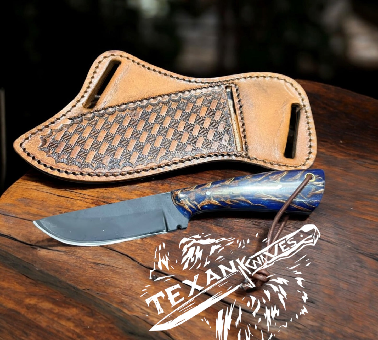 Ranch Knives – Custom Handmade J2 Steel Knife with Epoxy Pine Cone Resin Handle & Leather Sheath