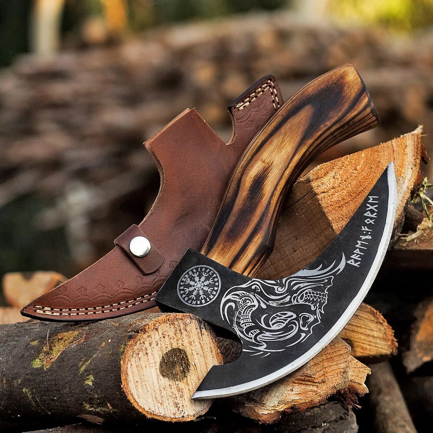 8-inch pizza axe made of J2 steel with custom engravings and wooden handle