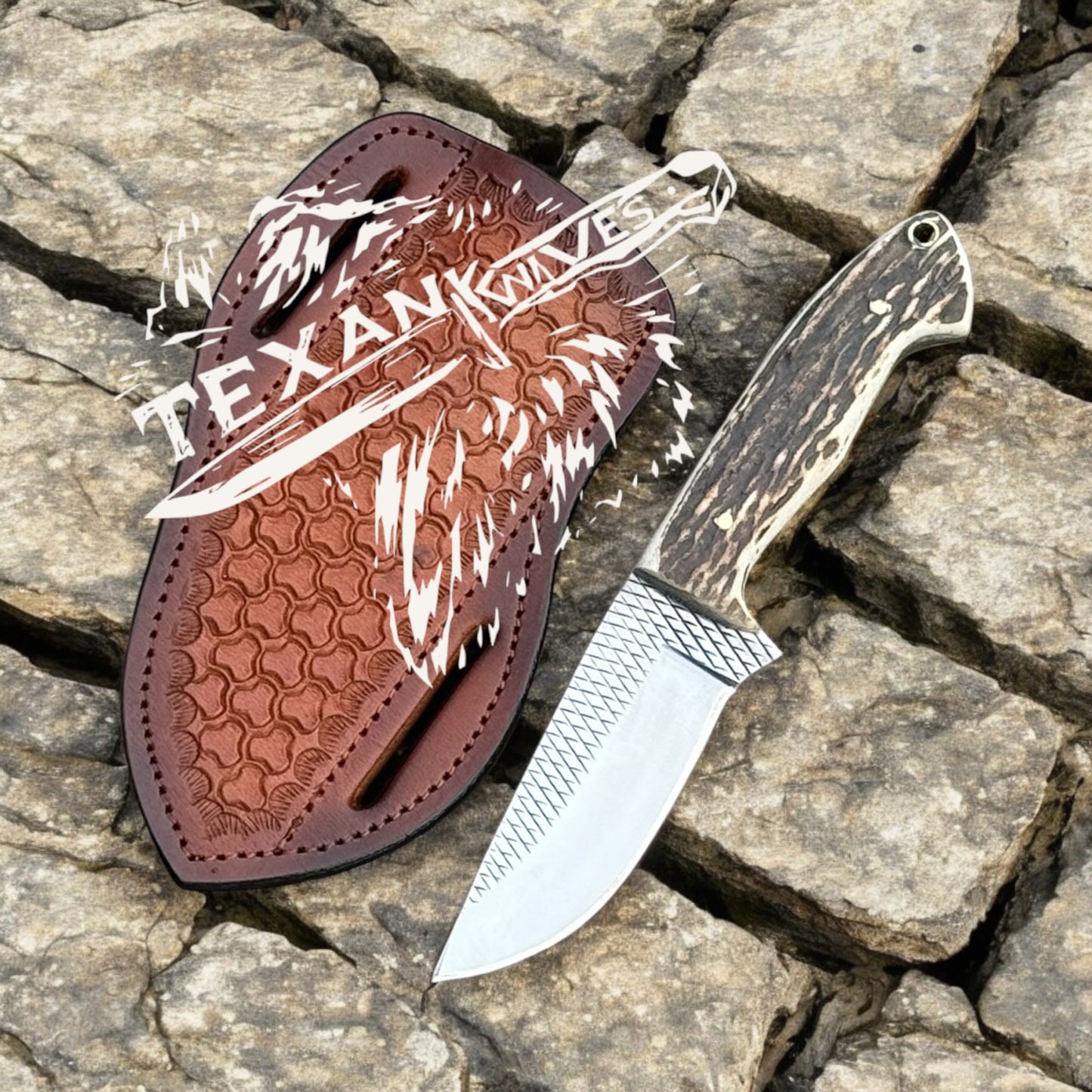 Fixed Blade Cowboy Knife – 8" Tool Steel Blade with Stag Horn Handle & Western Leather Sheath