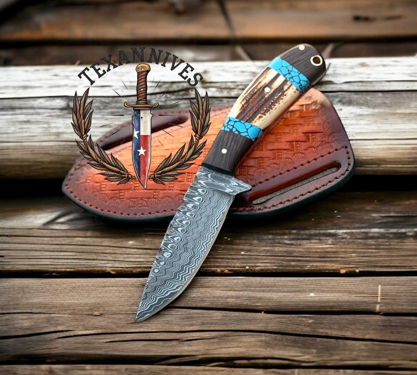 Dallas Cowboys Knife Set – Handmade 3.75" Damascus Blade with Antler & Turquoise Handle