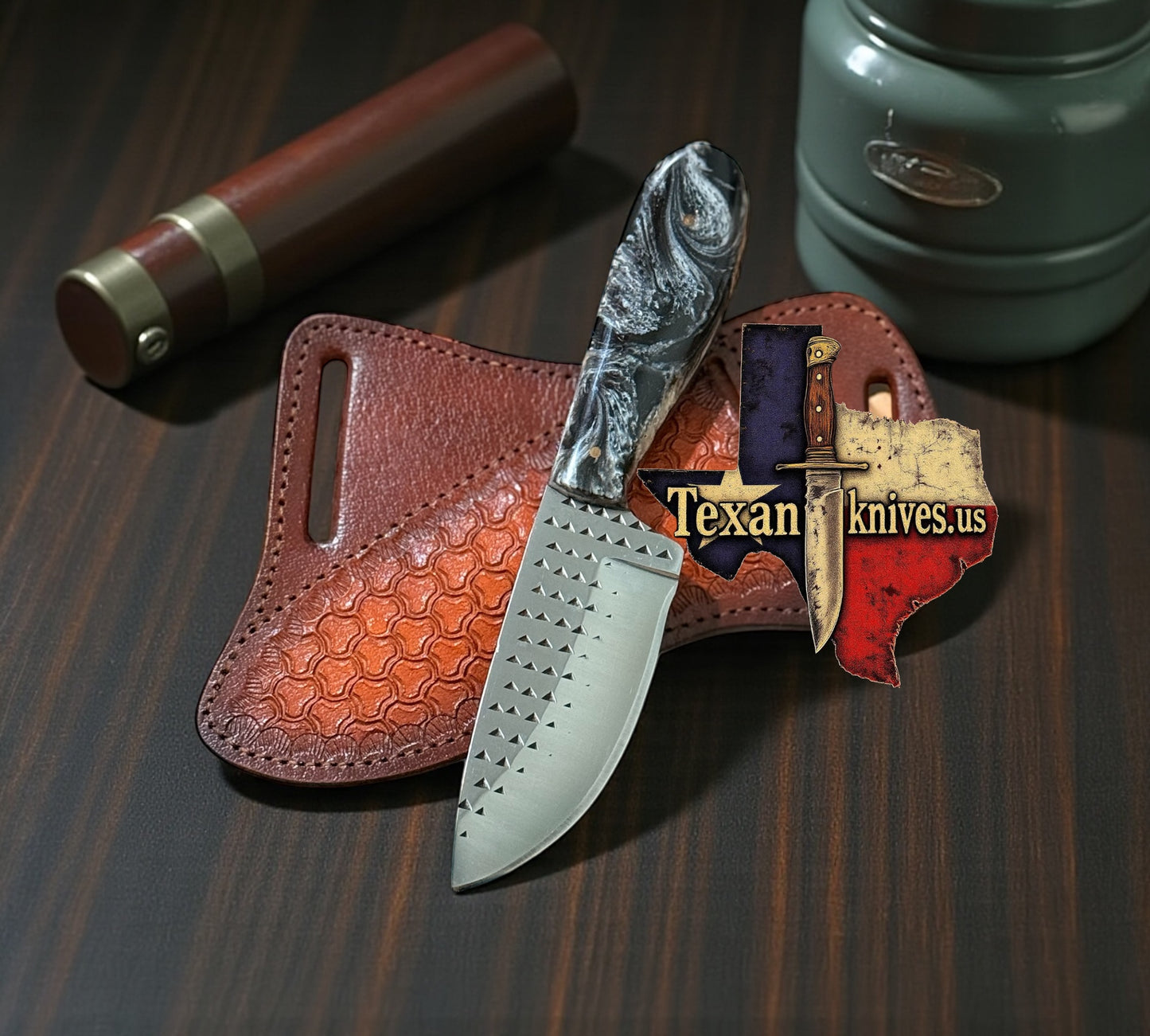 Handmade Cross Draw Knife – Rasp Steel Blade & Epoxy Resin Handle with Leather Sheath