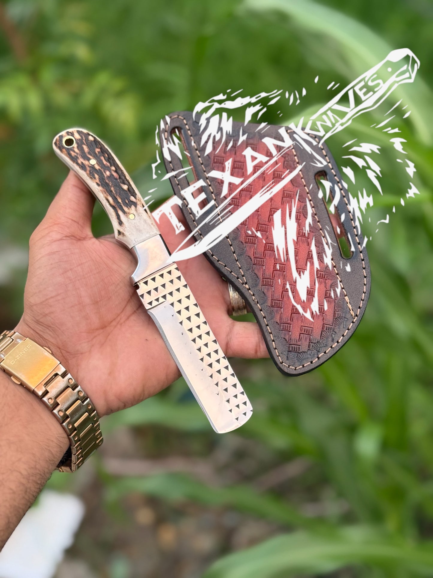 Rasp Knife – 8" Hand-Forged Rasp Tool Steel Blade with Antler Horn Handle & Leather Sheath