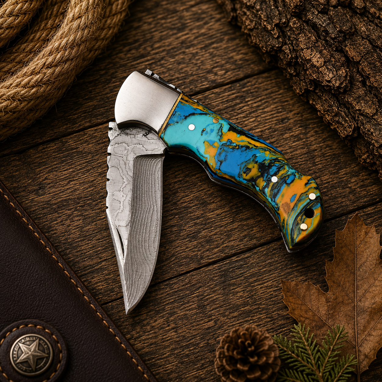 Best Folding Hunting Knife with 6-inch Damascus steel blade, epoxy resin handle, and leather sheath