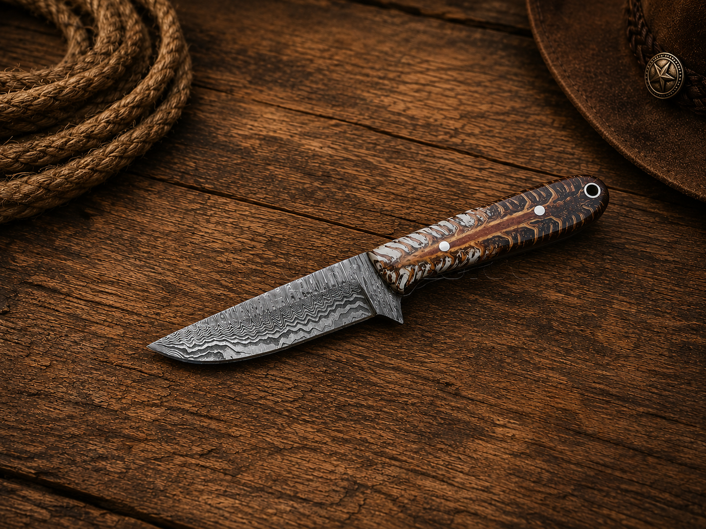 Buckaroo Waist Knife with 7-inch retrial Damascus steel blade, pine cone handle, and leather sheath