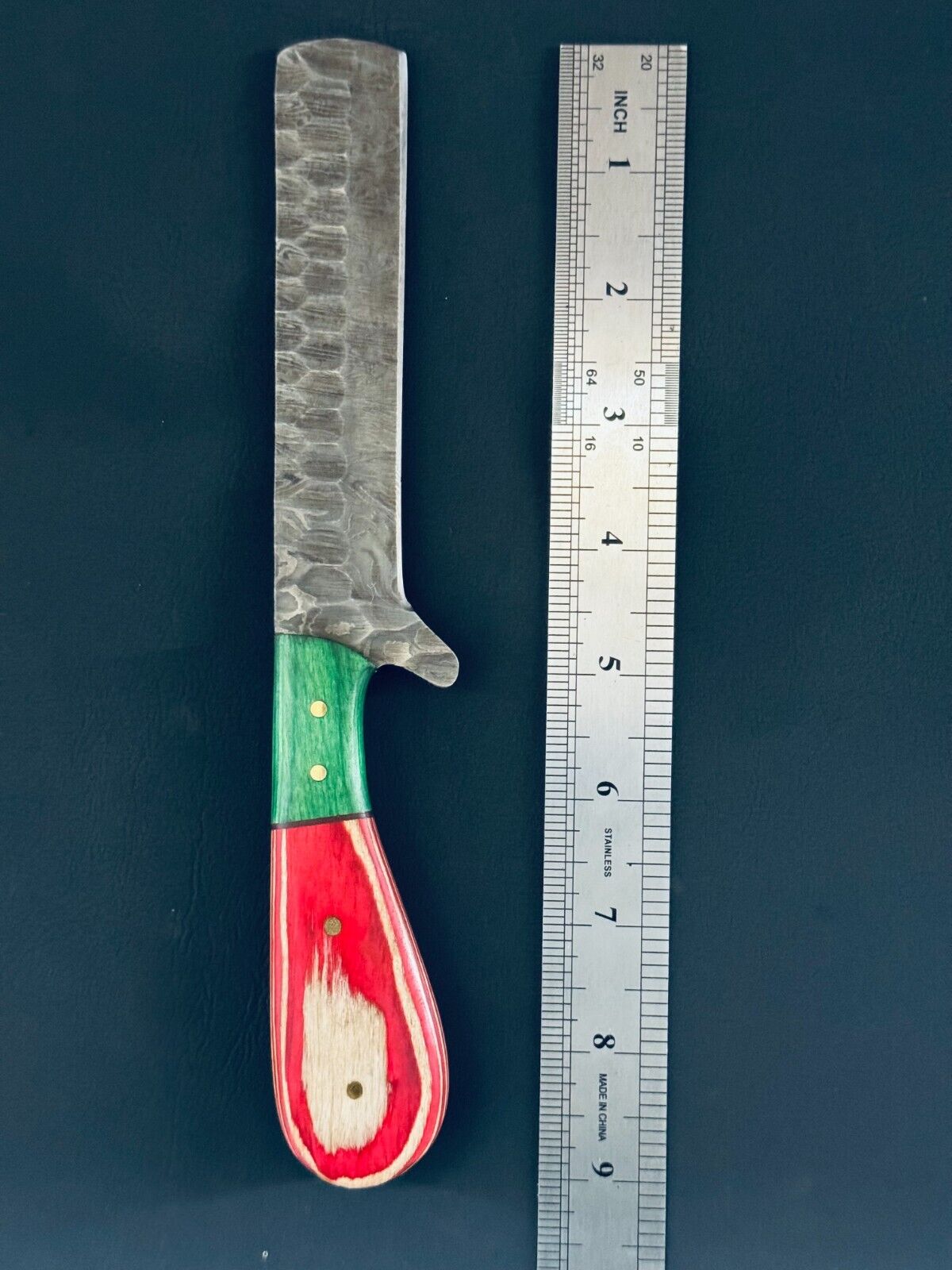 "Bull Cutter knife with pakkawood handle and premium leather sheath"