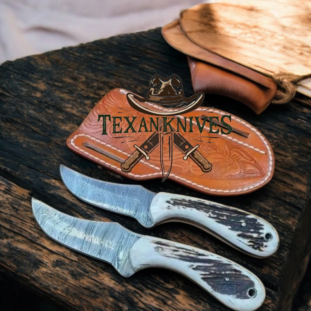 Cowboy Sheath Knife – 4" Damascus Steel Blade with Stag Horn Handle and Western Leather Sheath
