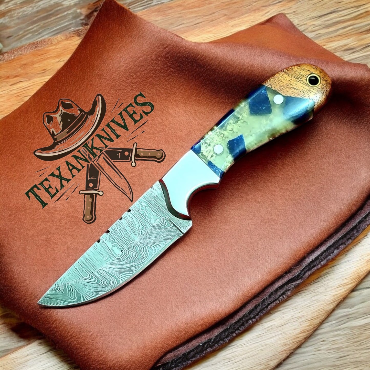 "Cowboy Belt Knife Sheath with Damascus Steel Blade and Resin Wood Handle"