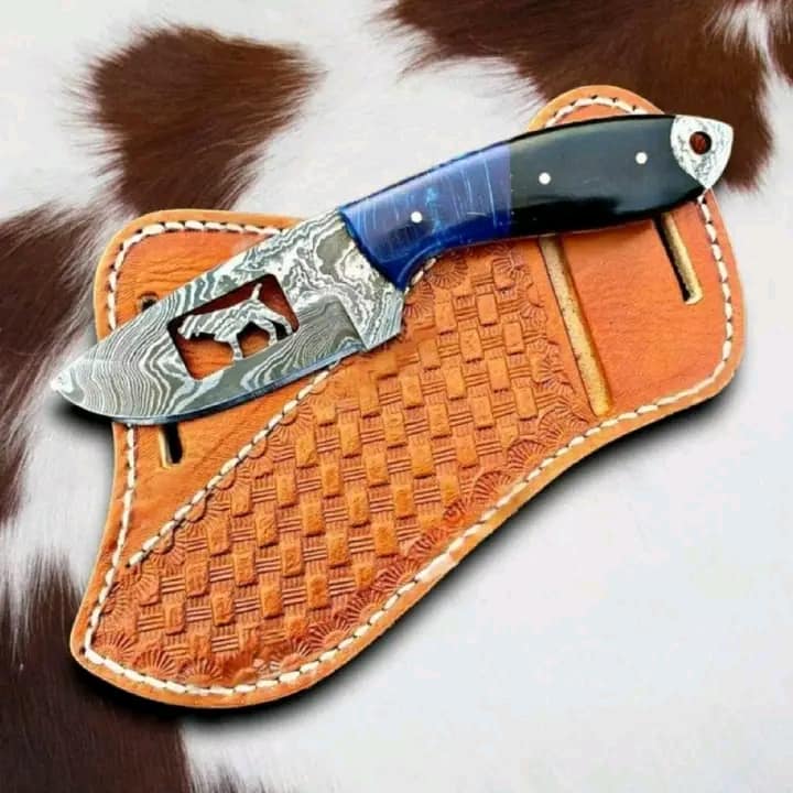 Cowboy bull cutter knives, custom handmade Damascus knives, leather sheath knives, gift item