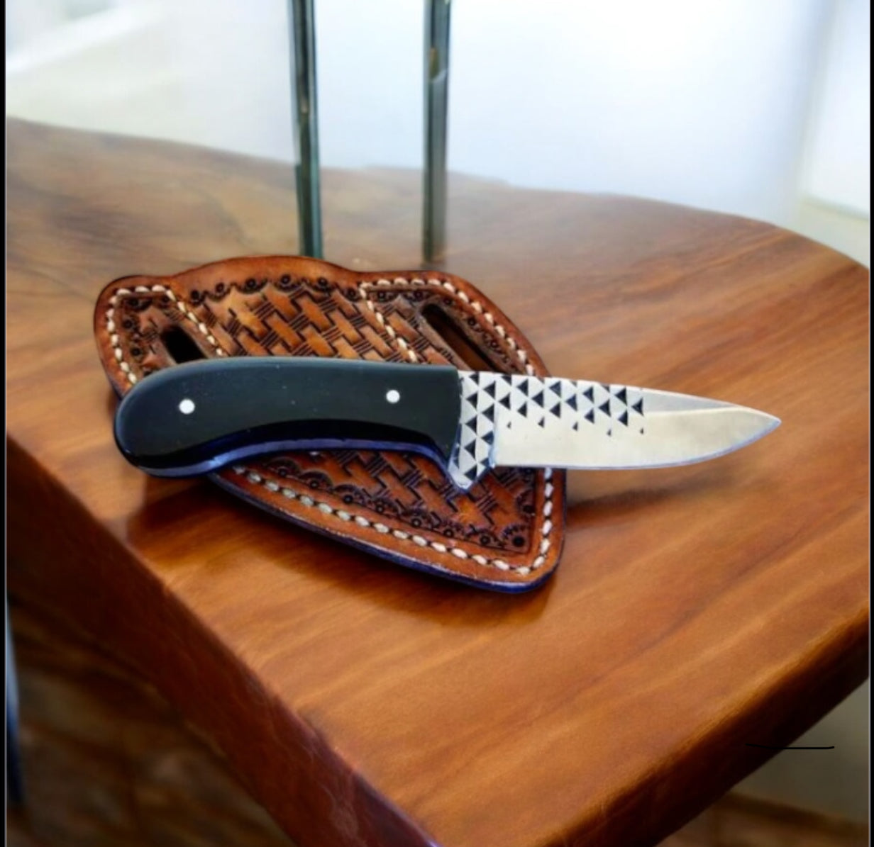 "Crass Draw Ranch Cowboy Knife with rasp tool blade and resin handle, displayed with leather belt loop case."