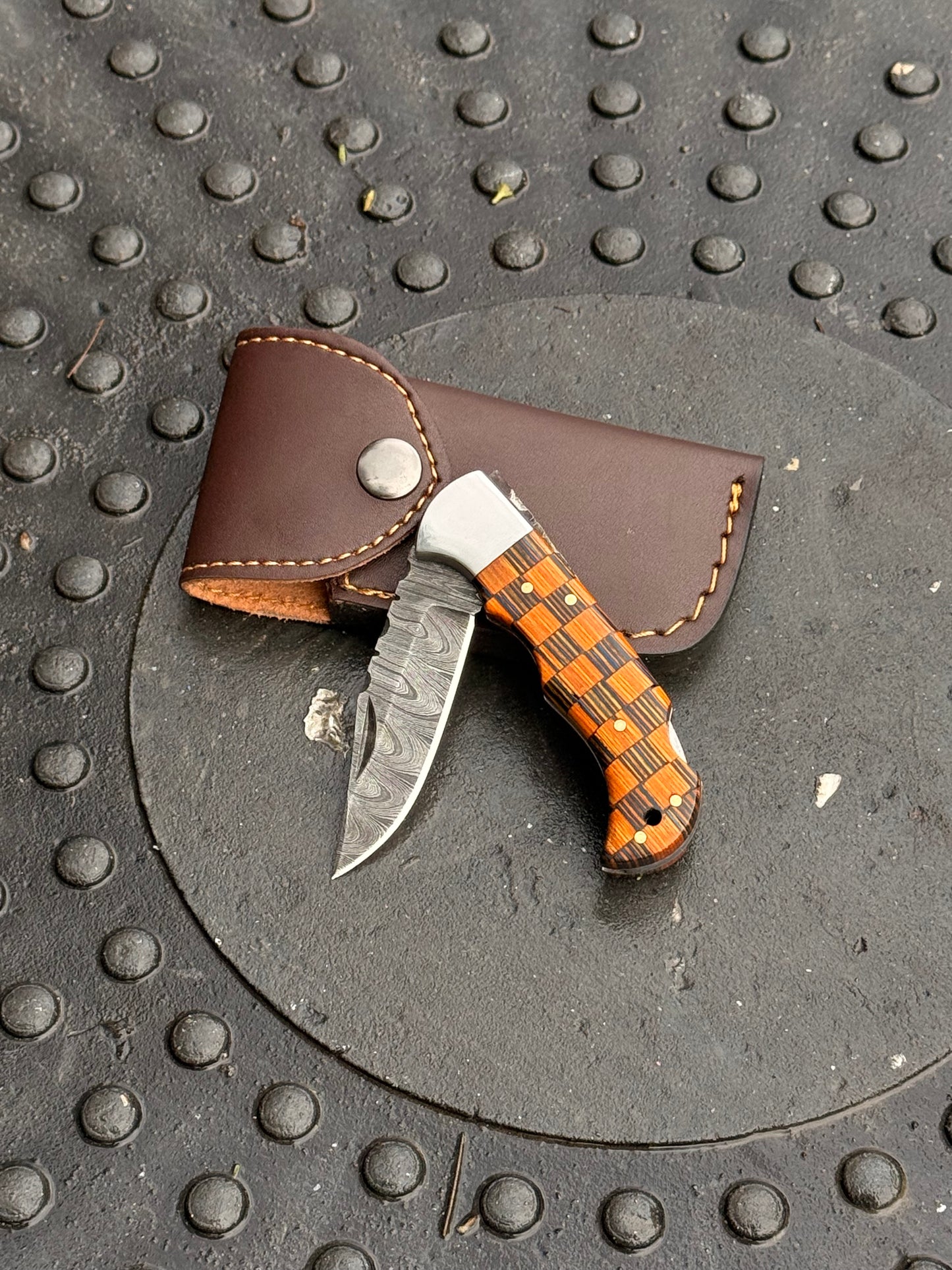 Custom Damascus Steel Pocket Knife – 6" Handmade Folding Knife with Colored Wood Handle & Leather Sheath