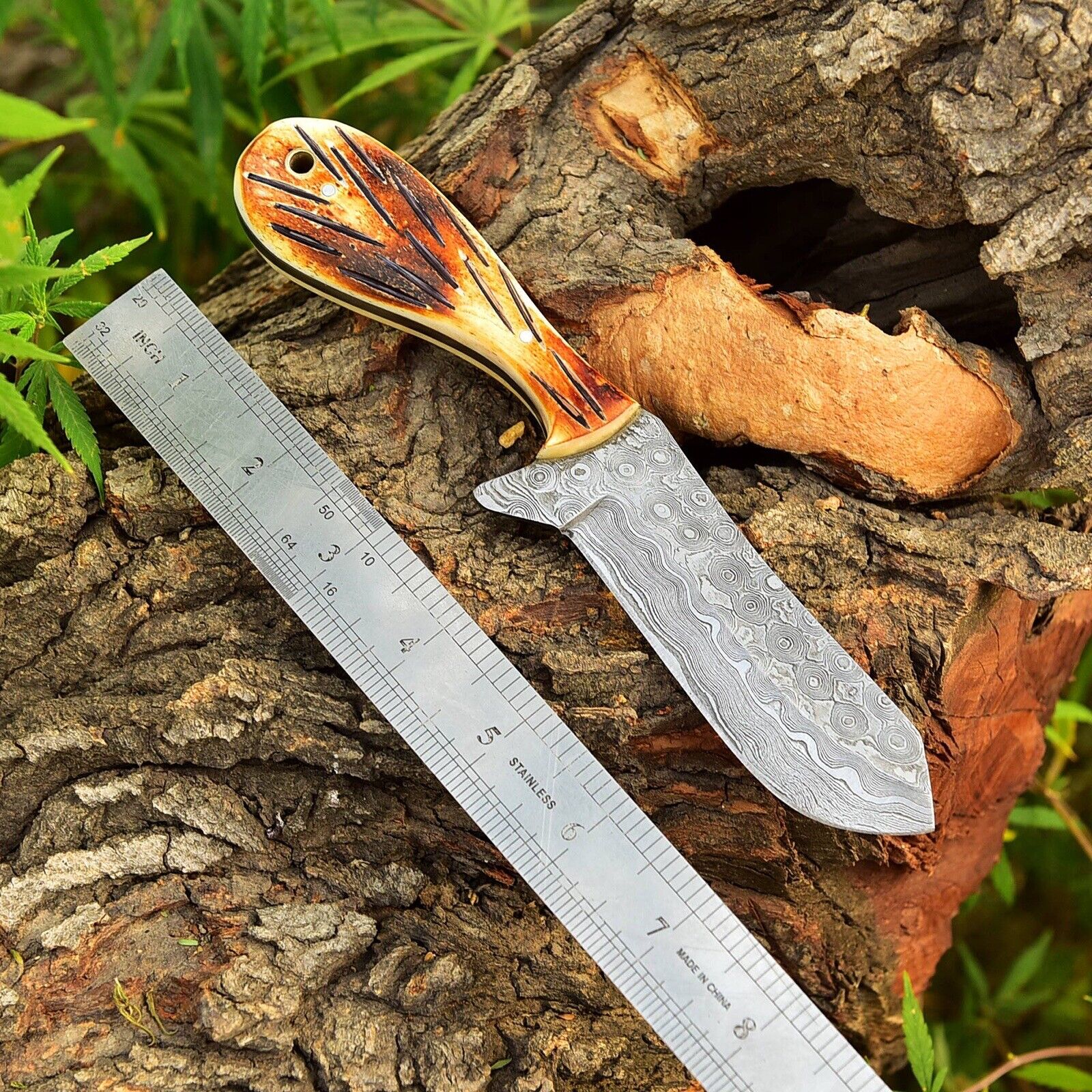 Custom Whisky Bent Knife with Damascus Blade and Camel Bone Handle