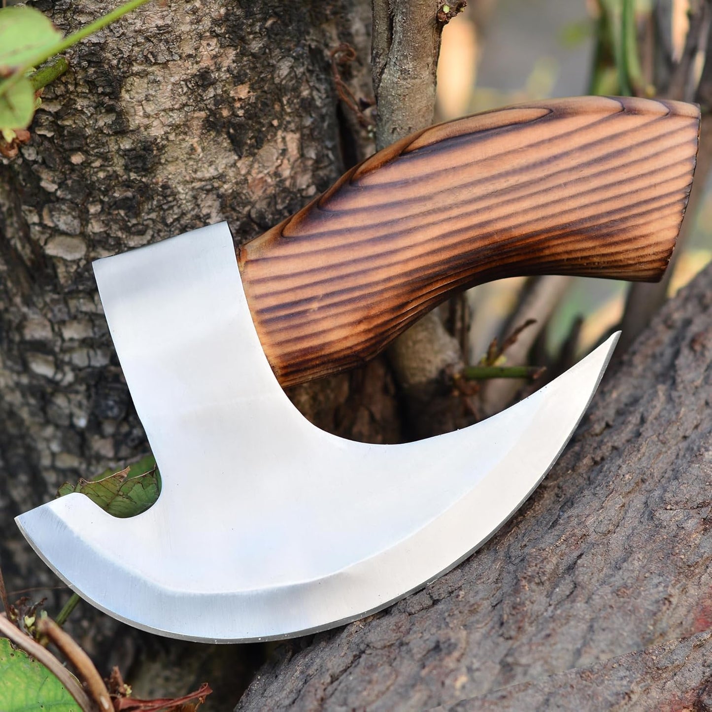 Custom forged pizza cutter with sharp J2 steel blade and ergonomic wood handle