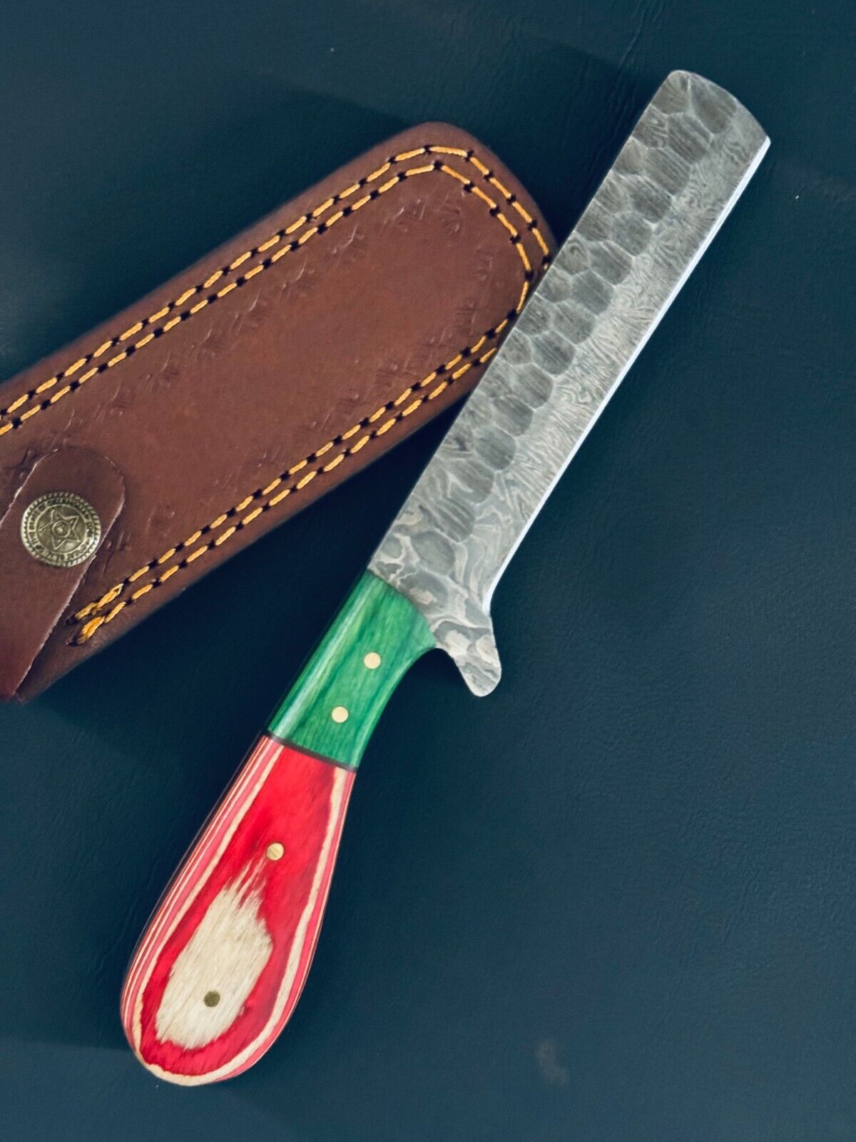 "Custom handmade Bull Cutter knife featuring a 5-inch Damascus steel blade"