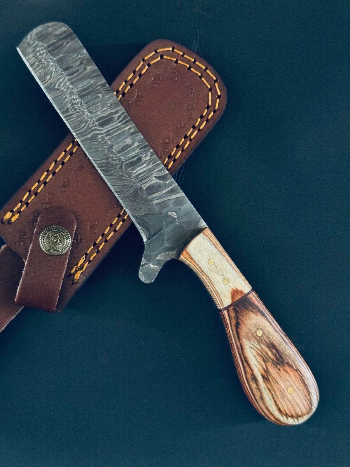 Custom handmade cowboy bull cutter knife with 5" Damascus steel blade and pakkawood handle