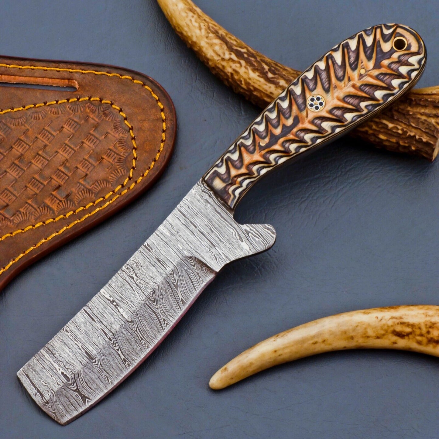 Custom handmade cowboy bull cutter knife with Damascus steel blade and Pakka wood handle
