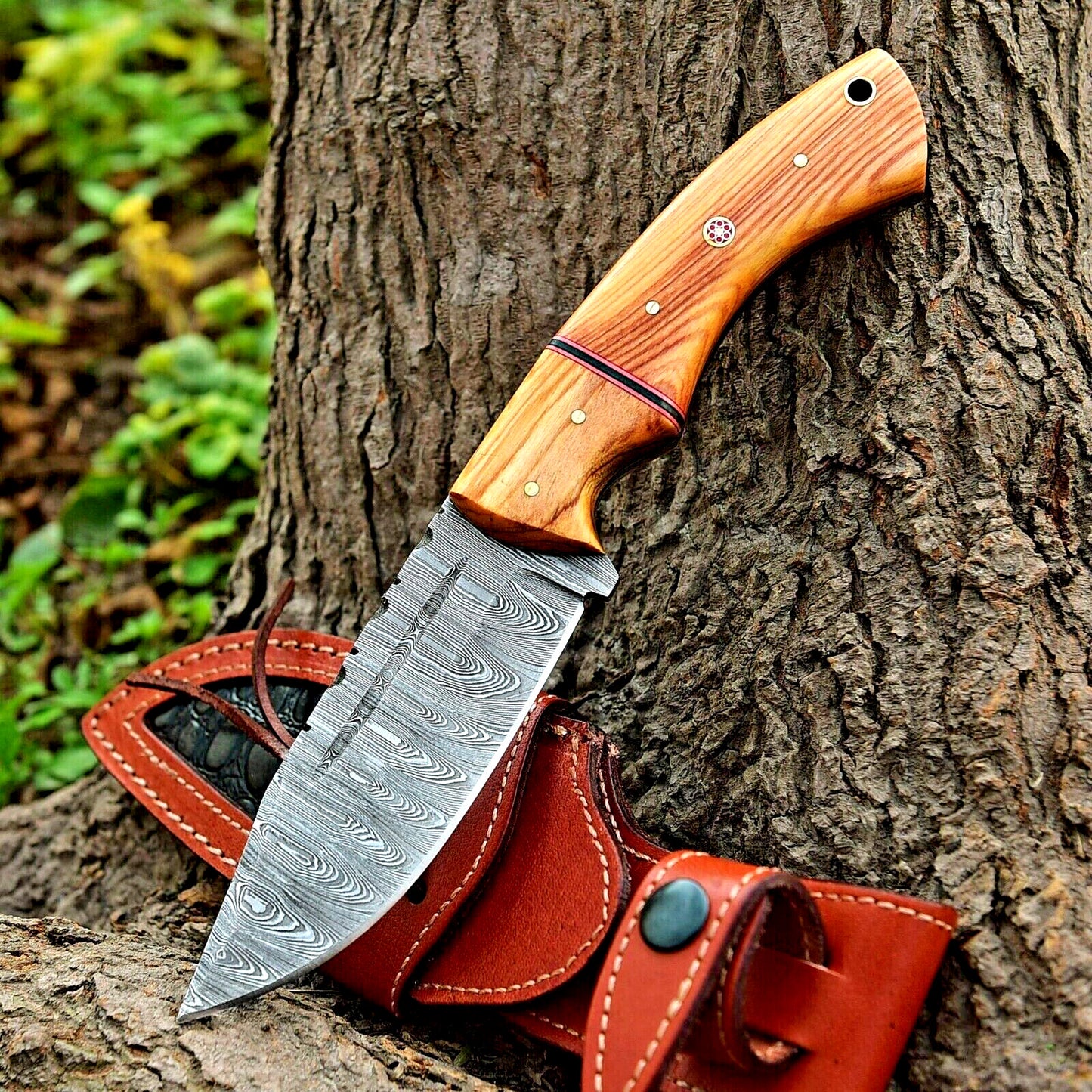 Custom olive wood handle hunting knife with Damascus steel blade and leather sheath
