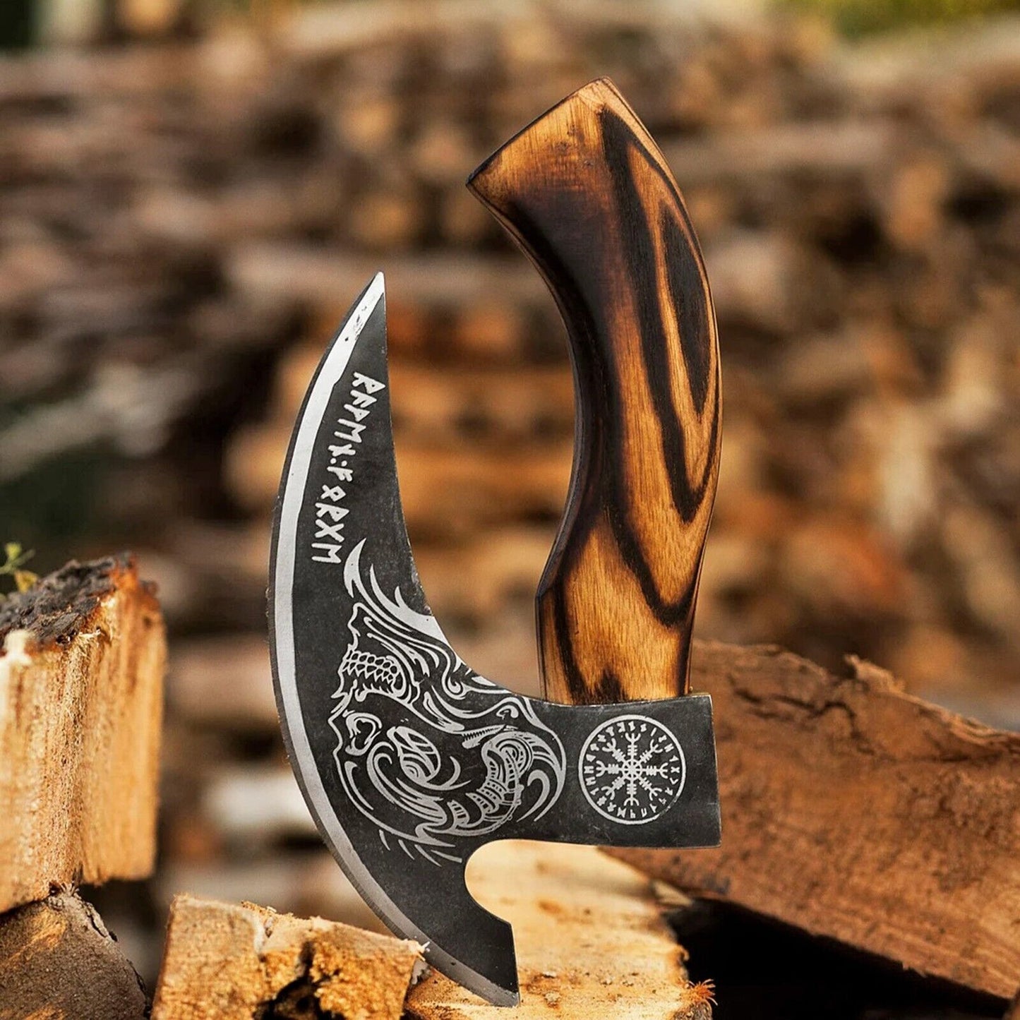 Custom pizza axe with J2 steel blade and wooden handle, featuring leather sheath