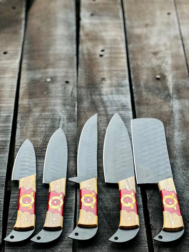 Stainless Steel Knife Set – 13" Forged Blades with Olivewood & Epoxy Resin Handles + Leather Sheath