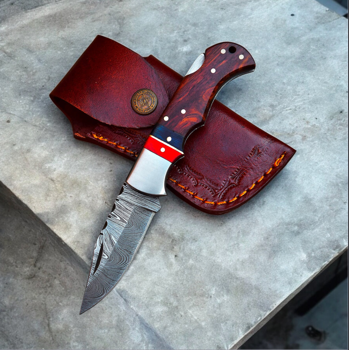 Damascus Steel Folding Knife – 6” Handmade Pocket Knife with Rosewood Handle, Steel Bolster & Leather Sheath