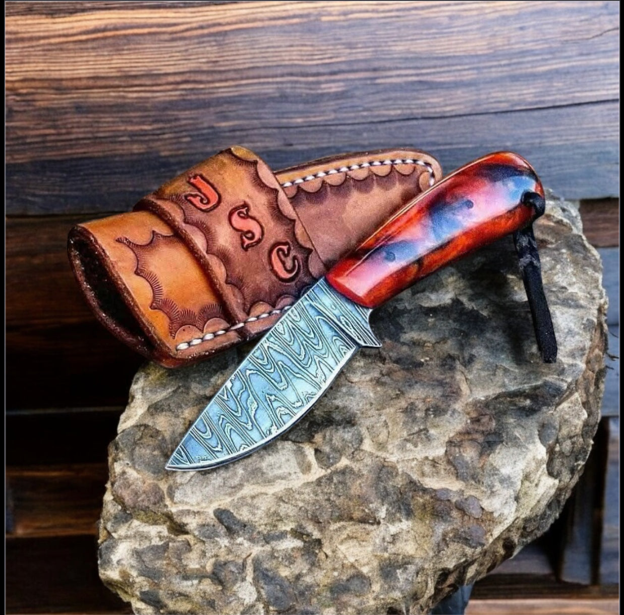"Damascus steel Ranch Cowboy Knives with a stylish resin handle, perfect for outdoor and ranch use."