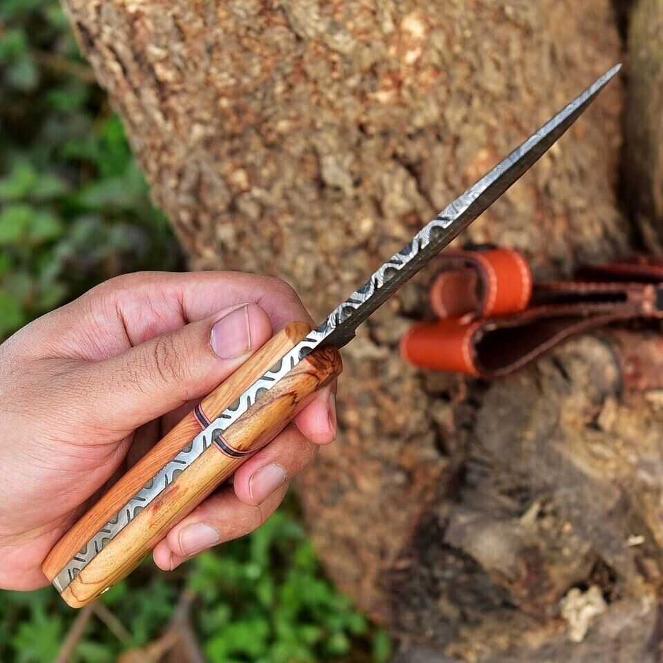 Damascus steel hunting knife with olive wood handle and leather sheath, ideal for collectors.