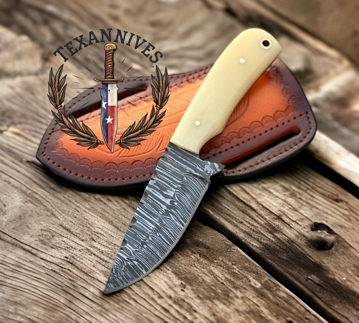 Cowboy Cross Draw Knife – 3.9" Firestorm Damascus Blade with Deer Bone Handle & Leather Sheath