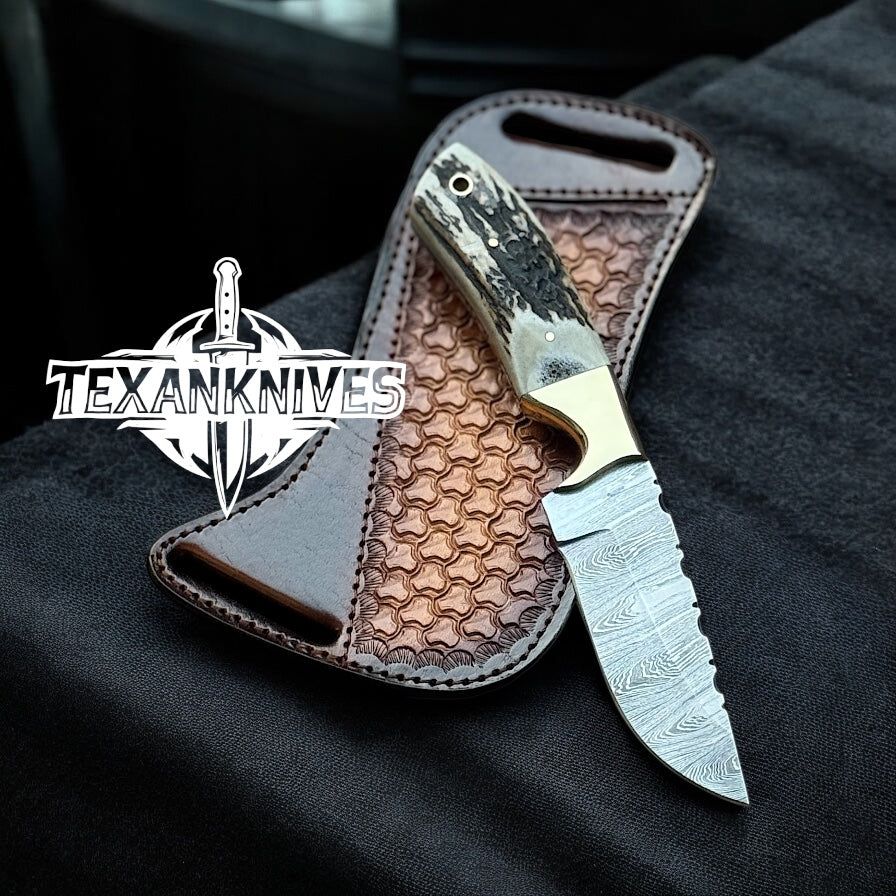 Western Knives with Sheath – 8.5" Damascus Blade, Stag Handle & Brass Bolster