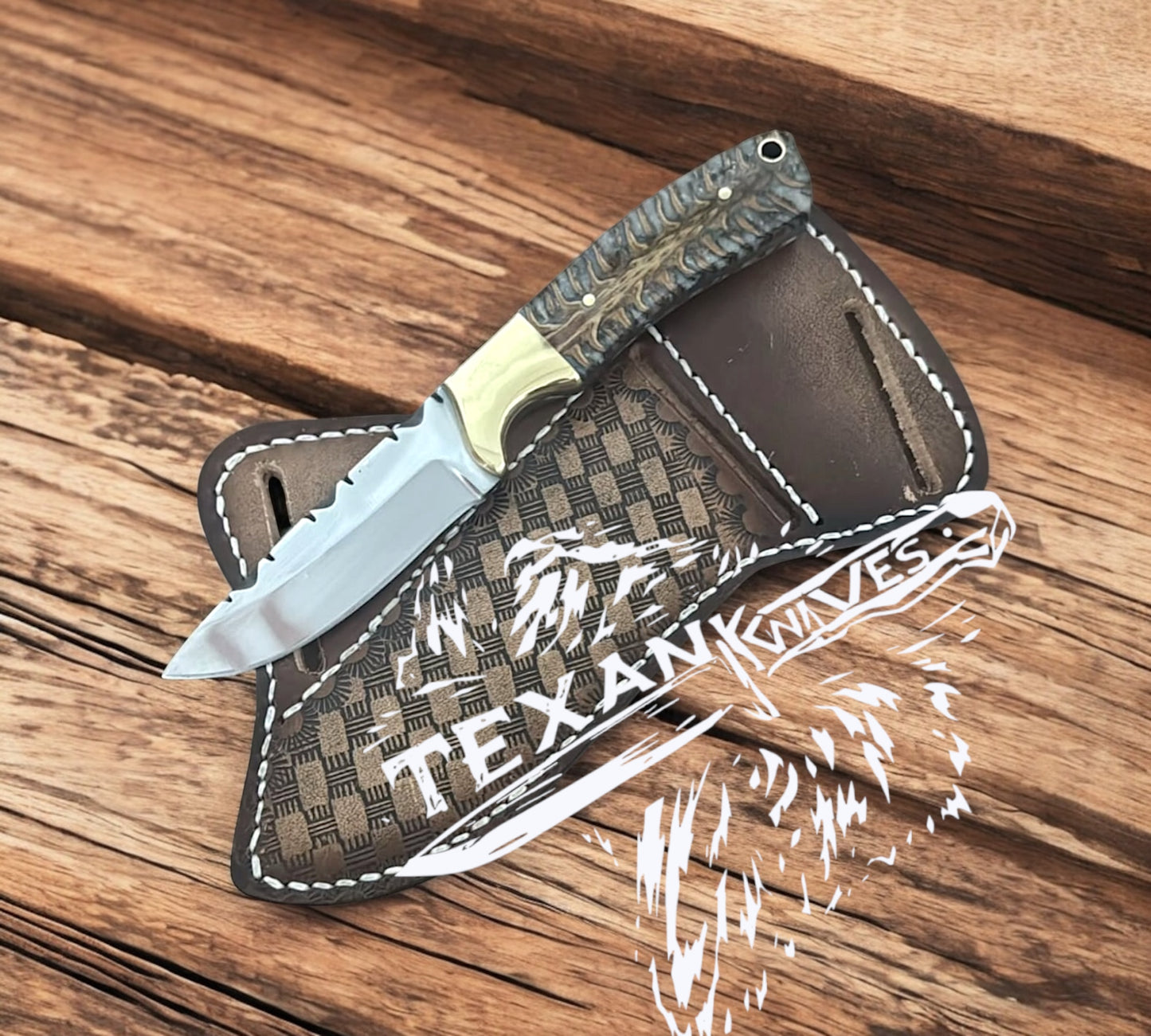 Western Knife and Sheath – Handmade J2 Steel Blade with Epoxy Pine Cone Resin Handle & Brass Bolster