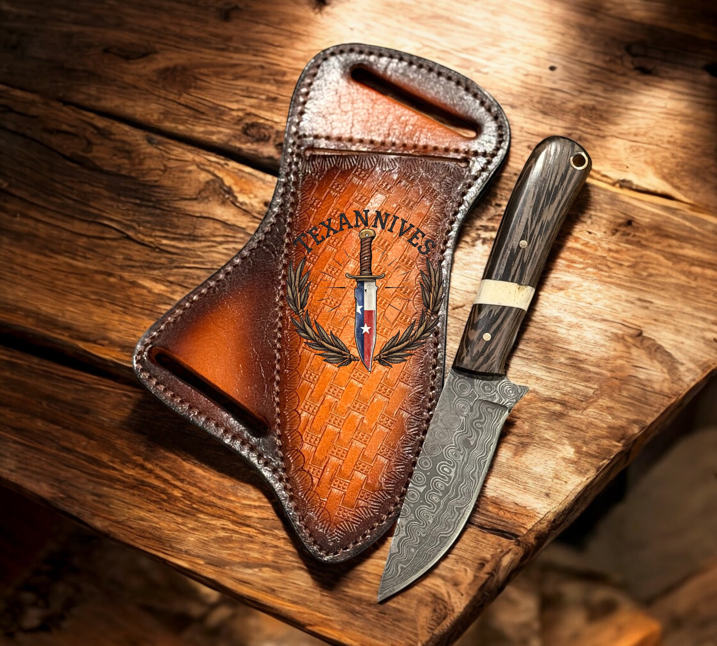 Custom Handmade Western Knife – 7.5" Damascus Steel Blade with Wenge Wood Handle & Leather Sheath