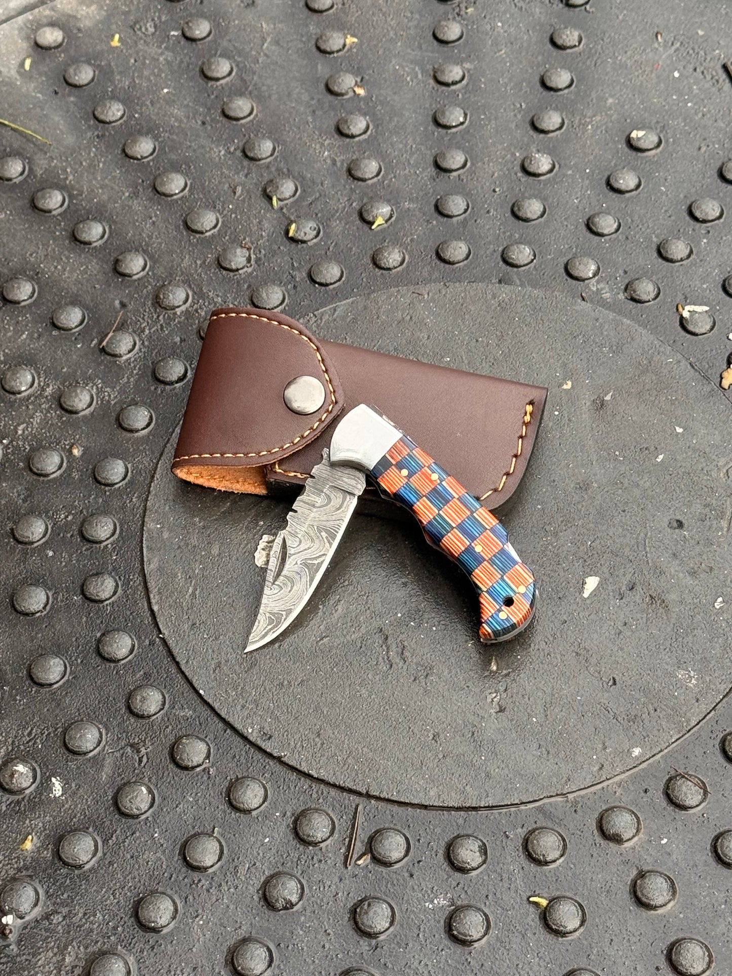 Handcraft Damascus Steel Pocket Knife – 6" Folding Knife with Damascus Blade, Colored Wood Handle & Leather Sheath