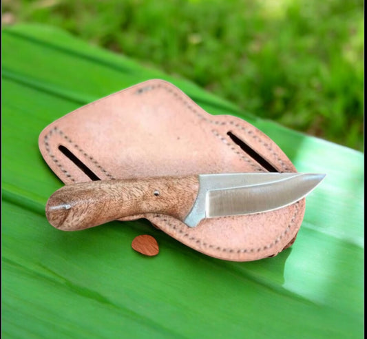 "Handcrafted Cowboy Everyday Carry Knife with Olive Wood Handle and Leather Case"