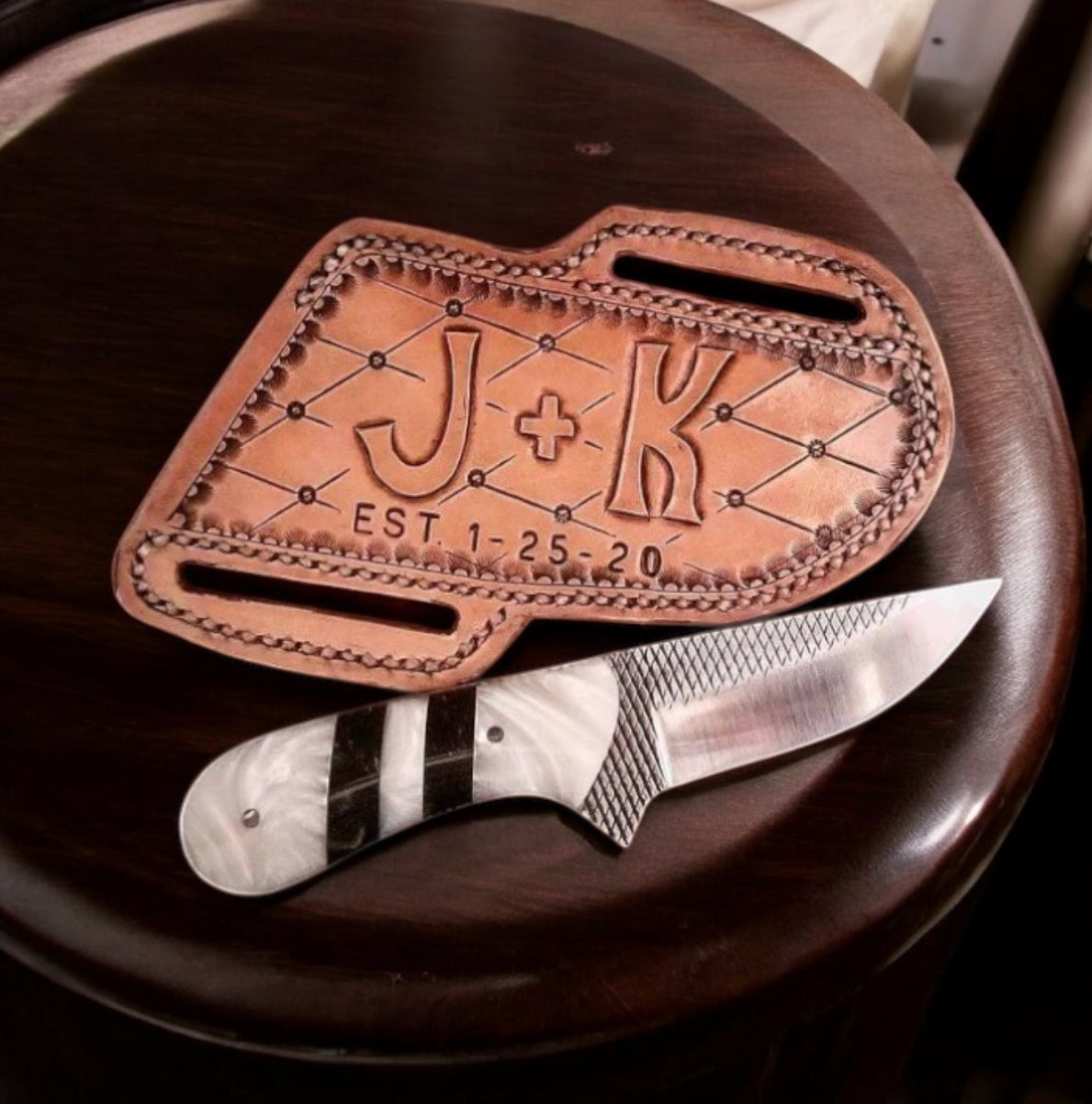 Handcrafted Western Belt Knife with 8-Inch Rasp Tool Blade, Resin Handle, and Leather Belt Loop Case