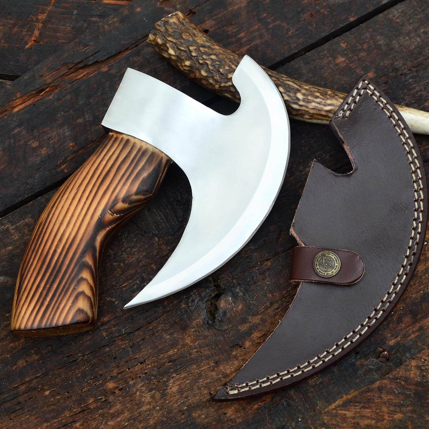 Handcrafted pizza cutter with J2 steel blade and wooden handle for kitchen use