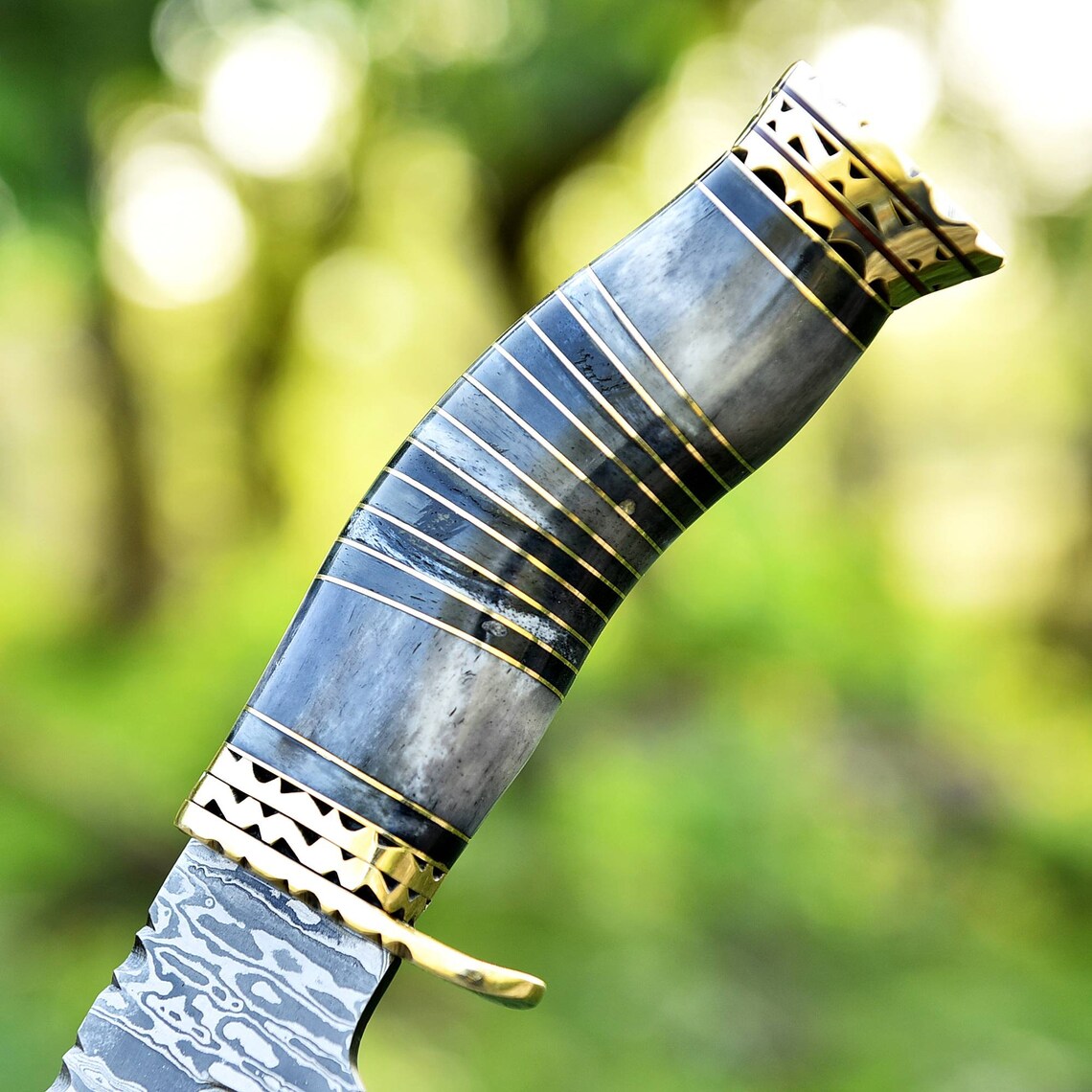 Handmade 13" Vintage Bowie Knife with Damascus Steel Blade, Brass Guard, and Leather Sheath.