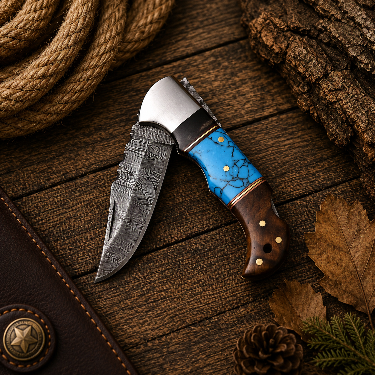 Handmade 6-inch Damascus folding hunting knife with rosewood or resin handle and genuine leather sheath