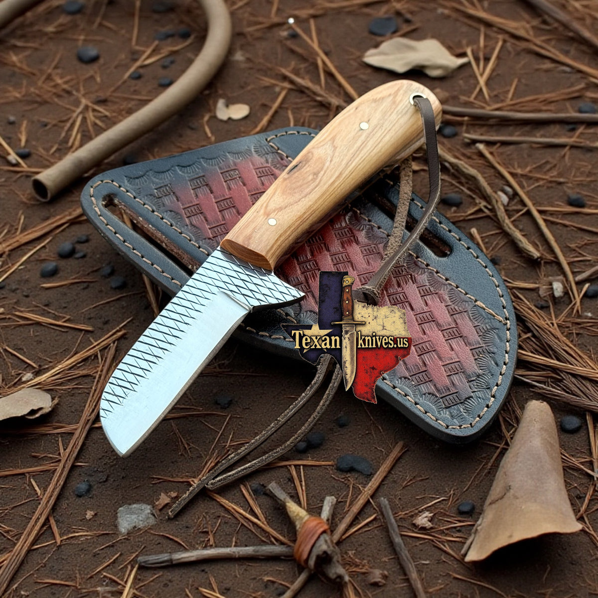Handmade 8-inch Castrator Knife with rasp tool steel blade, olive wood handle, and leather sheath