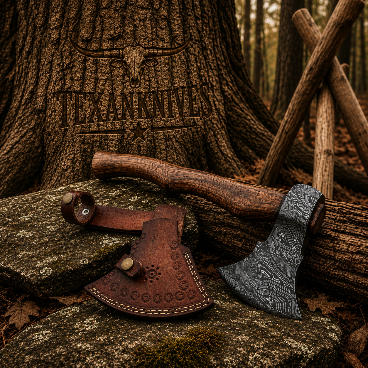 Handmade Damascus Steel Tomahawk Axe with a 19-inch overall length, natural rosewood handle, patterned Damascus steel head, and leather sheath.