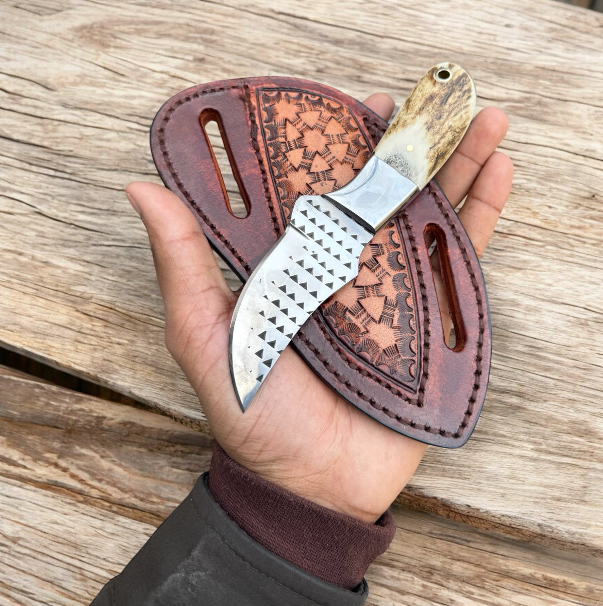Handmade Ranch Cowboy Knife with Stag Horn Handle & Winter-Ready Leather Sheath