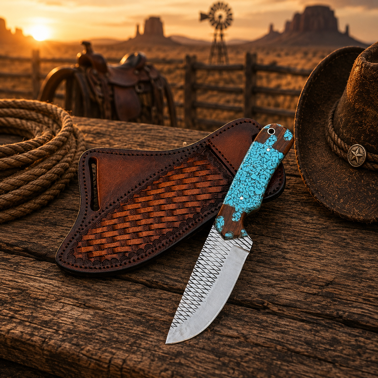 Handmade Rasp File Cowboy Knife with rosewood or turquoise handle and leather sheath