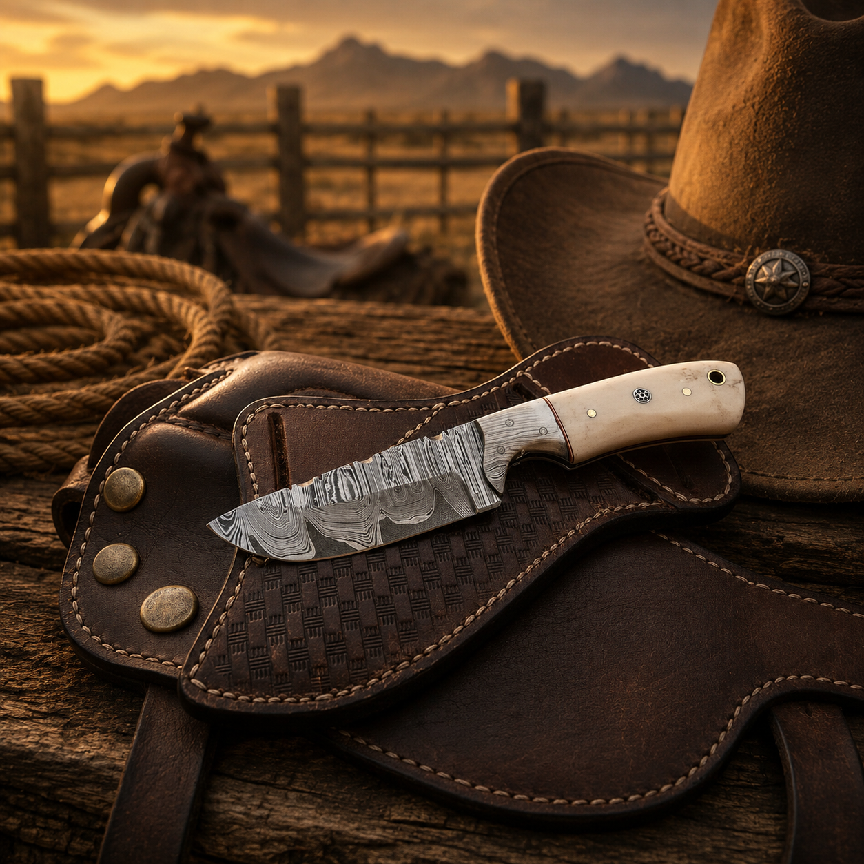 Handmade Western Knife with Damascus steel blade, camel bone handle, Damascus bolster, and leather sheath